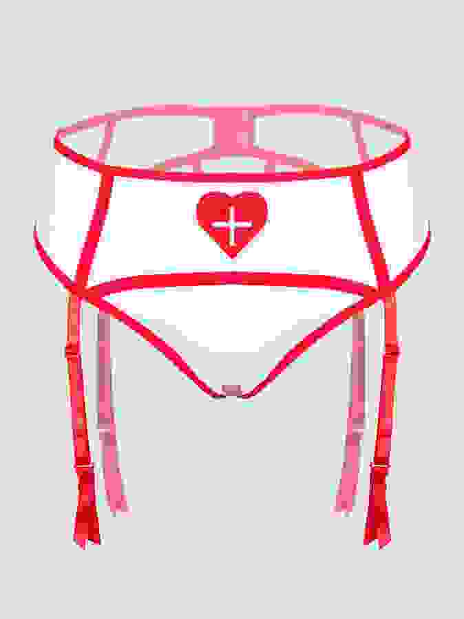Lovehoney Fantasy Plus Size White Sexy Nurse Suspender Thong, White, hi-res